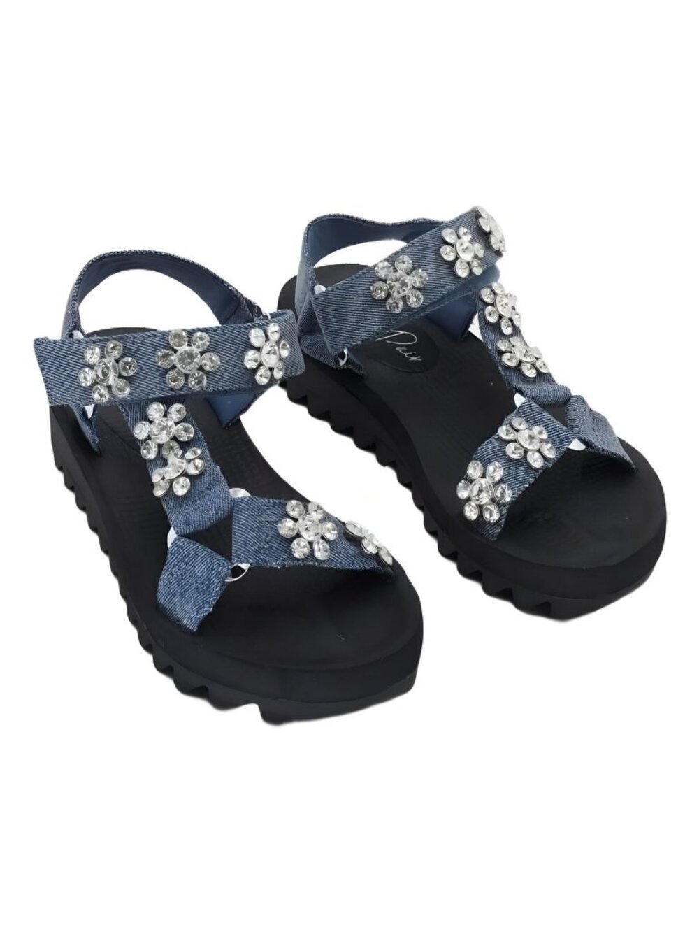 Wild Pair Kudose Rhinestone Denim Sport Sandals Platform Strap Sz 6M